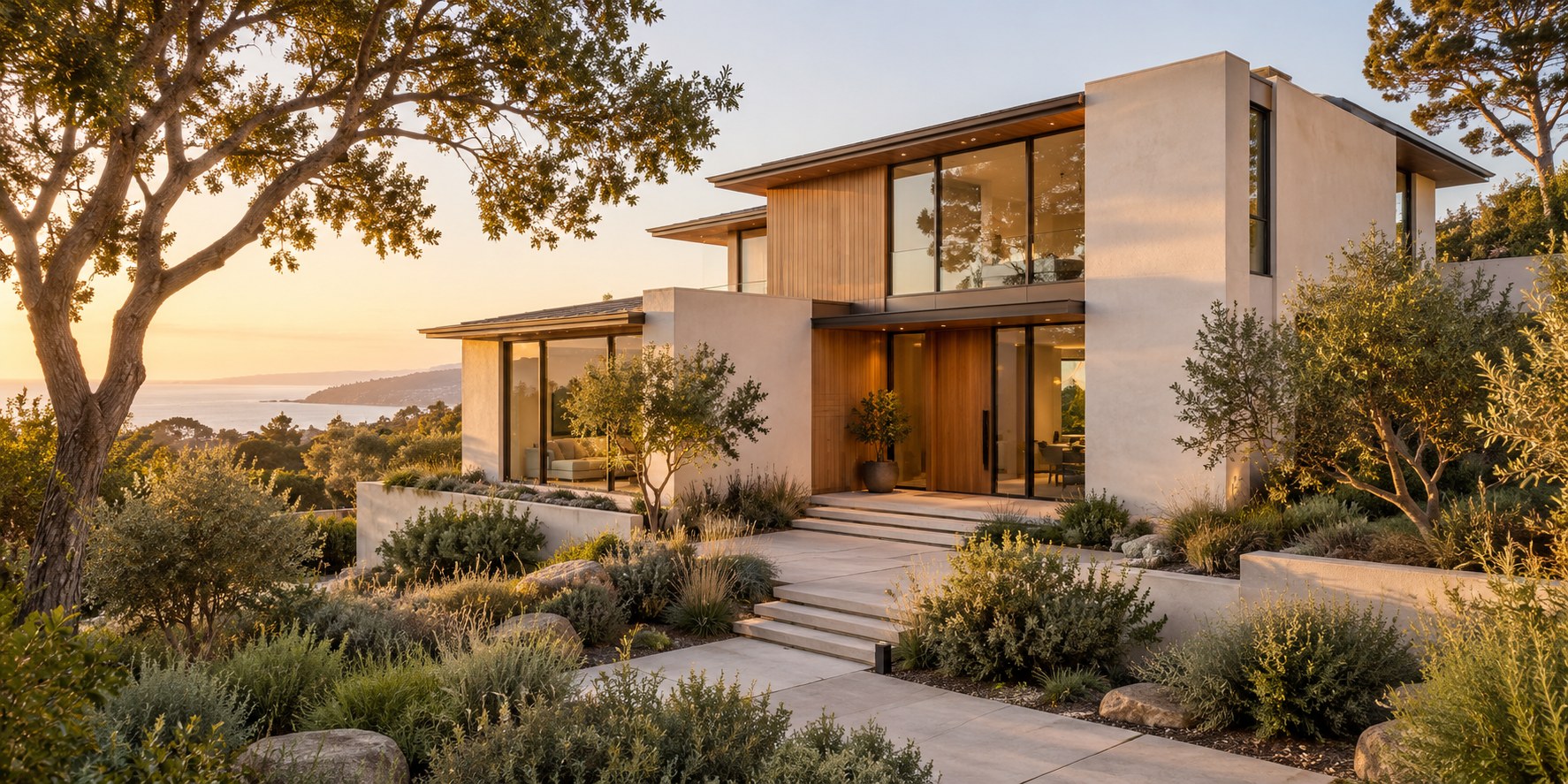 Concept image of a contemporary home with warm timber, pale walls, and landscaped gardens